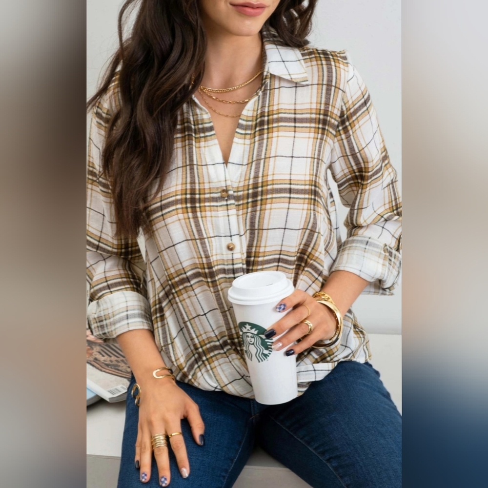 #351 🛑S, M  Boho Plaid Draped Roll Tab Sleeve Top